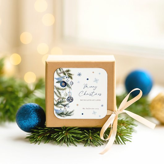 Elegant Watercolor Blue White Christmas Ornament スクエアシール