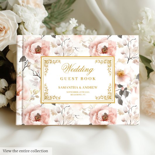Elegant watercolor blush flowers gold wedding  ゲストブック