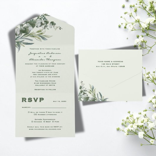 Elegant Watercolor Botanical Wedding  オールインワン招待状
