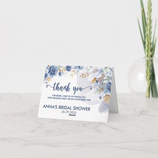 Elegant Watercolor Bridal Shower Floral Blue  サンキューカード (裏面)