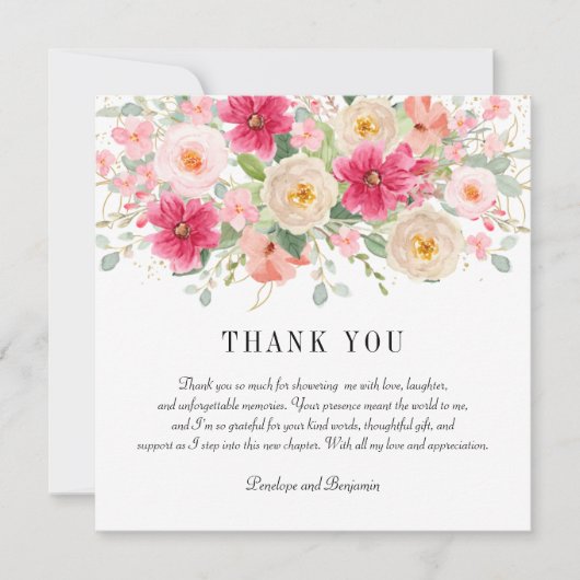 Elegant Watercolor Bright Pink Floral Wedding サンキューカード (正面)