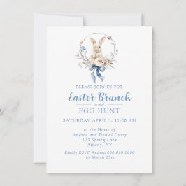 Elegant Watercolor Bunny Blue Bow Easter Brunch 招待状