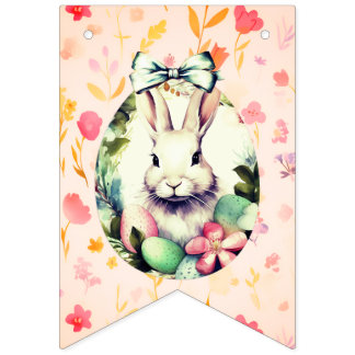 Elegant Watercolor Bunny Portrait & Floral Bunting バンティングフラッグ
