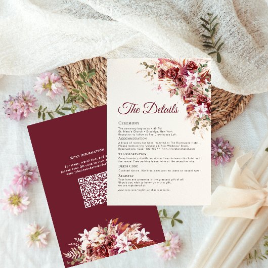 Elegant Watercolor Burgundy Blush Wedding Details  エンクロージャーカード