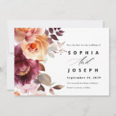 Elegant watercolor Burgundy Bouquet Floral Wedding セーブザデート (正面)