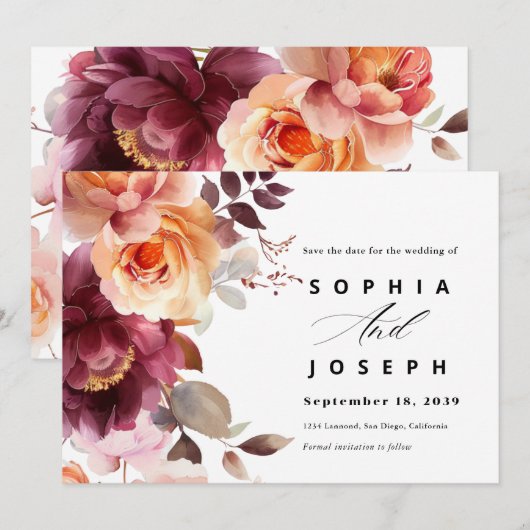 Elegant watercolor Burgundy Bouquet Floral Wedding セーブザデート (正面/裏面)