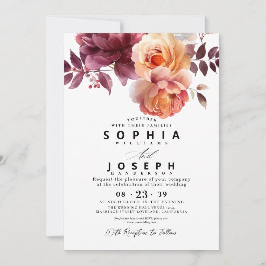 Elegant watercolor Burgundy Bouquet Floral Wedding 招待状 (正面)