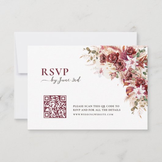 Elegant Watercolor Burgundy QR Code Wedding RSVP (正面)