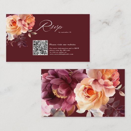 Elegant watercolor Burgundy  QR Code Wedding RSVP  エンクロージャーカード (正面/裏面)