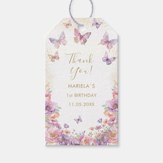Elegant Watercolor butterfly rainbow girl 1st birt ギフトタグ (正面)