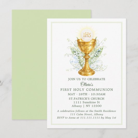 Elegant Watercolor Chalice First Holy Communion 招待状 (正面/裏面)