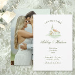 Elegant Watercolor Chapel Photo Save the Date セーブザデート<br><div class="desc">Elegant Watercolor Chapel Wedding Save the Date card. This sophistcated Save the Date features a delicate, hand-painted watercolor illustration of a traditional white chapel. Lovely green script text for the names of the couple, paired with elegant serif font for the detials. Upload your favorite engagment photo on the back of...</div>