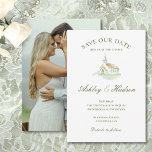 Elegant Watercolor Chapel Photo Save the Date セーブザデート<br><div class="desc">Elegant Watercolor Chapel Wedding Save the Date card. This sophistcated Save the Date features a delicate, hand-painted watercolor illustration of a traditional white chapel. Lovely green script text for the names of the couple, paired with elegant serif font for the detials. Upload your favorite engagment photo on the back of...</div>