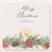 Elegant Watercolor Christmas Candle & Poinsettia スクエアペーパーコースター (正面)