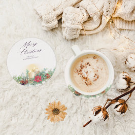 Elegant Watercolor Christmas Candle & Poinsettia スクエアペーパーコースター