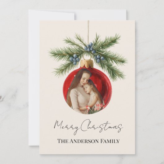 Elegant Watercolor Christmas Ornament Family Photo シーズンカード (正面)
