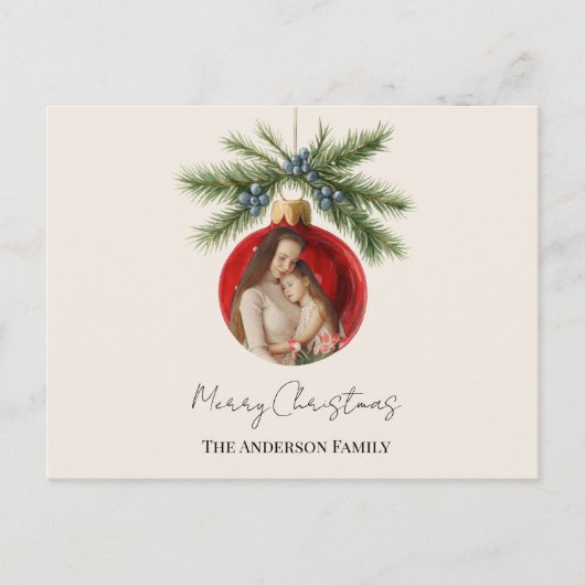 Elegant Watercolor Christmas Ornament Family Photo シーズンポストカード (正面)
