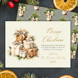 Elegant Watercolor Christmas Presents Gold Script  シーズンカード