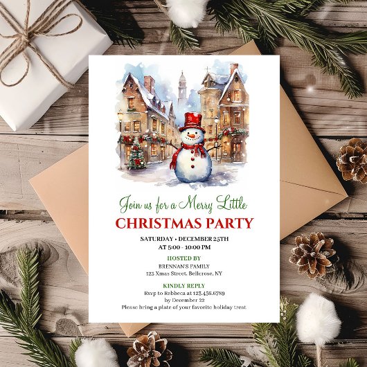 Elegant watercolor Christmas scene party invite 招待状