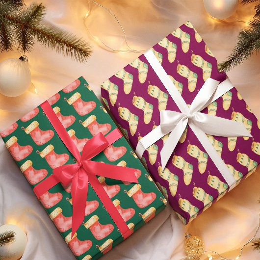 Elegant Watercolor Christmas Stocking ラッピングペーパーシート