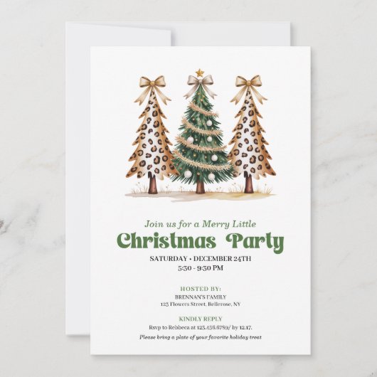 Elegant watercolor Christmas tree leopard invite 招待状 (正面)