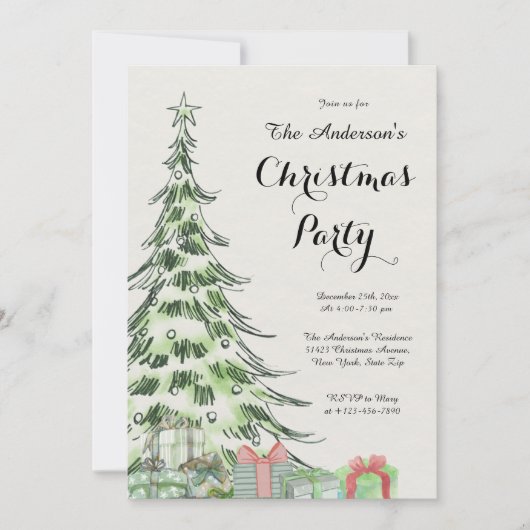 Elegant Watercolor Christmas Tree Party  招待状 (正面)
