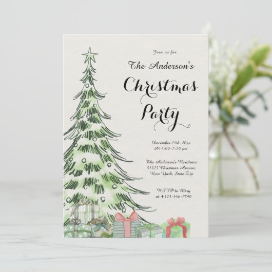 Elegant Watercolor Christmas Tree Party  招待状 (スタンド正面)