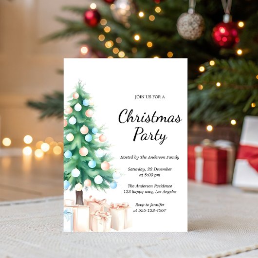 Elegant Watercolor Christmas Tree Party Invitation 招待状