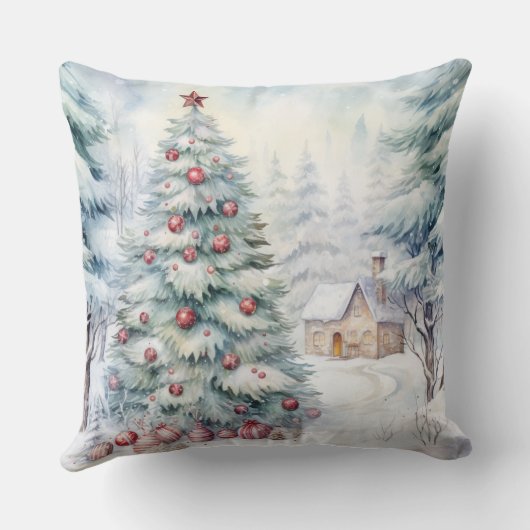 Elegant Watercolor Christmas Tree Pillow  クッション (裏面)