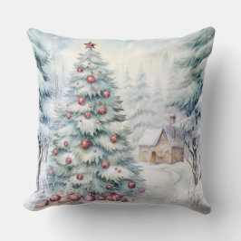 Elegant Watercolor Christmas Tree Pillow  クッション
