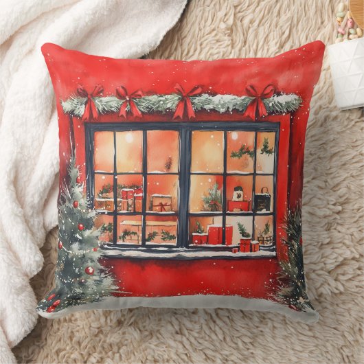 Elegant Watercolor Christmas Tree Pillow  クッション (ブランケット)
