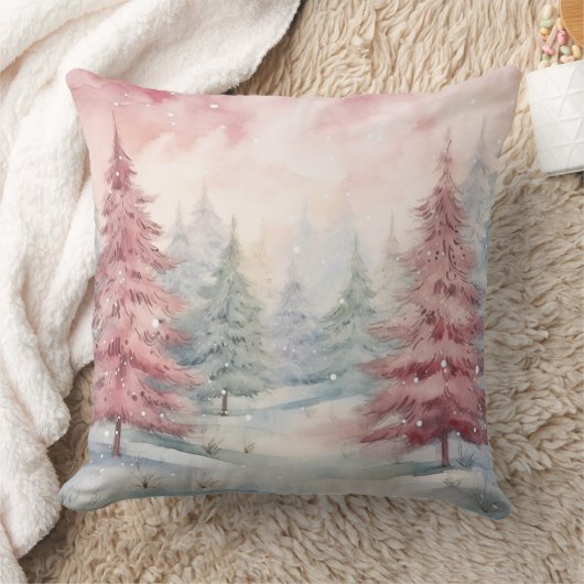 Elegant Watercolor Christmas Tree Pillow  クッション (ブランケット)