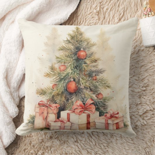 Elegant Watercolor Christmas Tree Pillow  クッション (ブランケット)