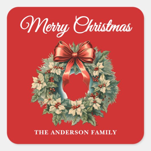 Elegant Watercolor Christmas Wreath スクエアシール (正面)