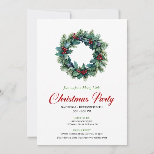 Elegant watercolor Christmas wreath dinner invite 招待状 (正面)