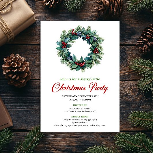Elegant watercolor Christmas wreath dinner invite 招待状