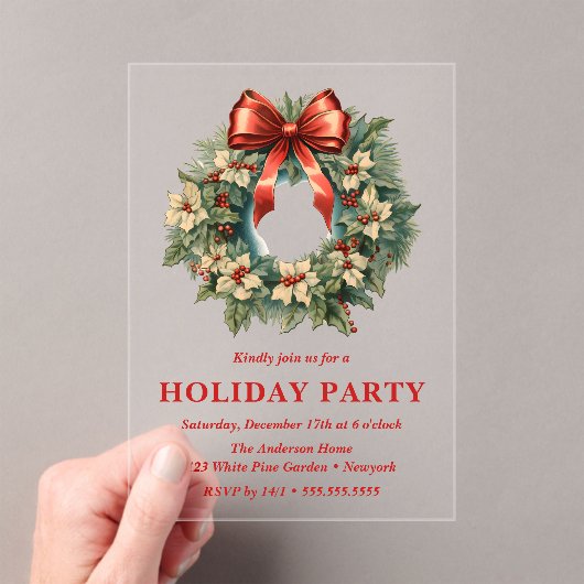 Elegant Watercolor Christmas Wreath Holiday Party アクリル招待状 (インサイチュ (ポータブル))