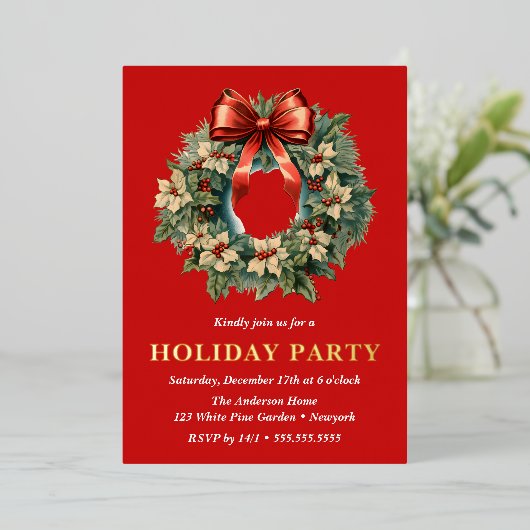 Elegant Watercolor Christmas Wreath Holiday Party 箔招待状 (立ち正面)