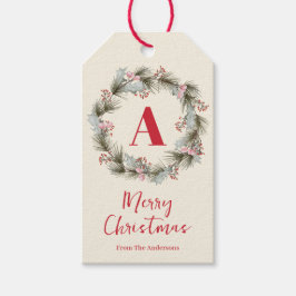 Elegant Watercolor Christmas Wreath Monogram ギフトタグ