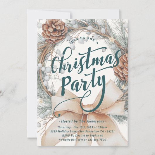 Elegant Watercolor Christmas Wreath Party 招待状 (正面)