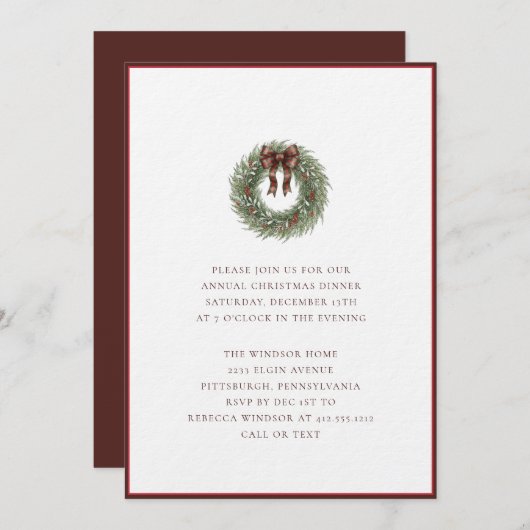 Elegant Watercolor Christmas Wreath Plaid Bow  招待状 (正面/裏面)