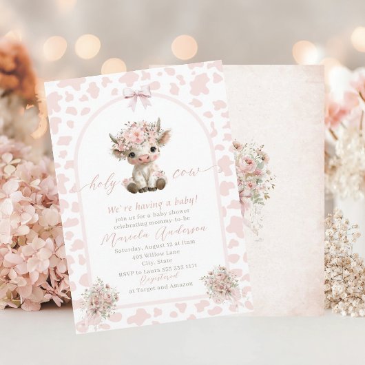 Elegant Watercolor Cow Holy Highland  Baby Shower 招待状