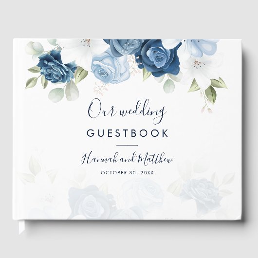 Elegant Watercolor Dusty Blue Floral Wedding ゲストブック (正面)