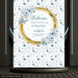 Elegant Watercolor Dusty Blue Gold Wedding Banner タペストリー