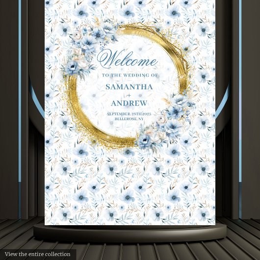 Elegant Watercolor Dusty Blue Gold Wedding Banner タペストリー