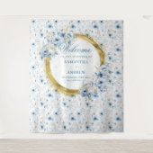 Elegant Watercolor Dusty Blue Gold Wedding Banner タペストリー (正面)