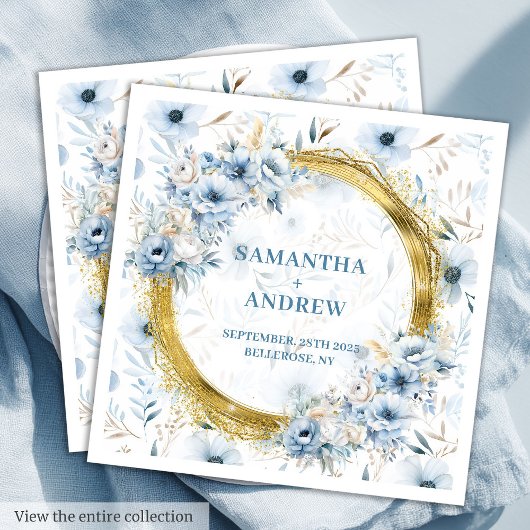 Elegant Watercolor Dusty Blue Gold Wedding Napkins