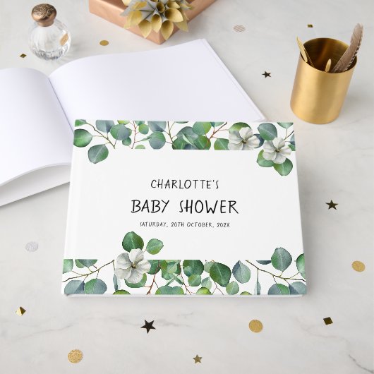 Elegant Watercolor Eucalyptus Baby Shower ゲストブック (正面見開き)