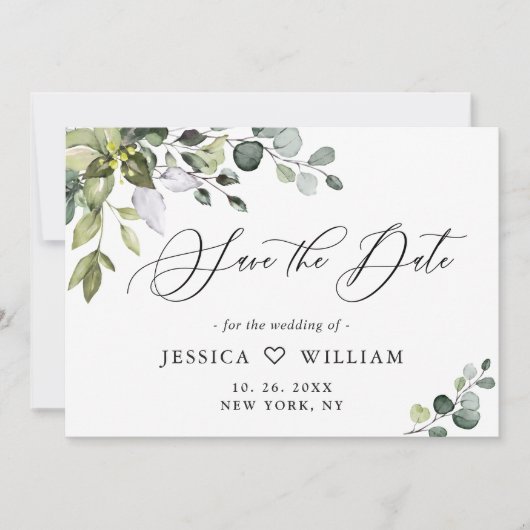 Elegant Watercolor Eucalyptus Greenery Wedding セーブザデート (正面)