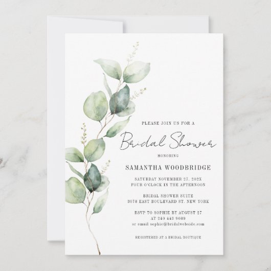 Elegant Watercolor Eucalyptus Script Bridal Shower 招待状 (正面)